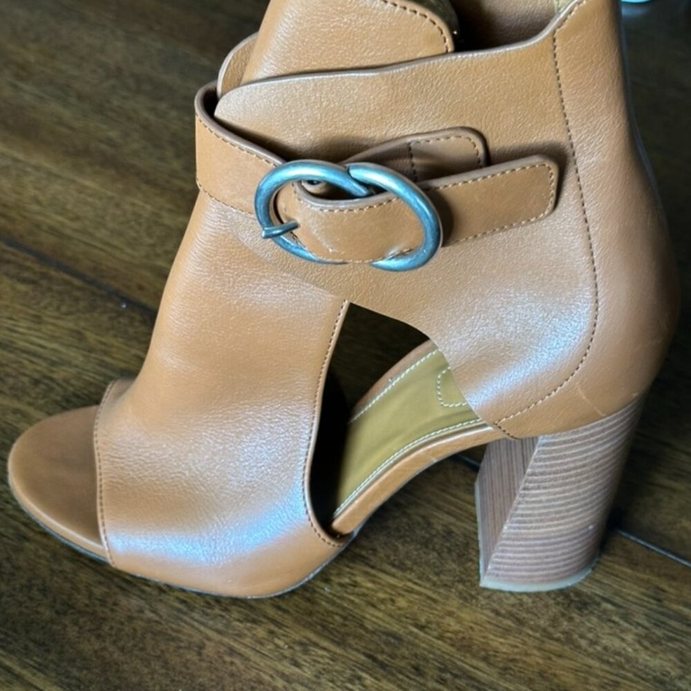 Chloe | Millie Peep Toe Bootie Tan Leather Heels Shoes View 4